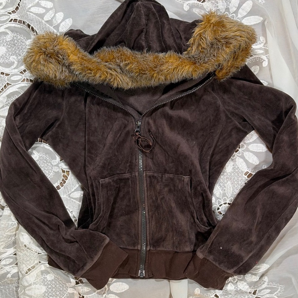 Y2K 2000s Old Navy Brown Velour Faux Fur Trim Hooded Zip Up Jacket M